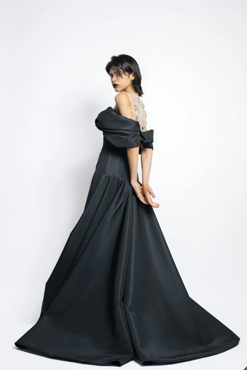 Faille Gown With Column Train Skirt And Starburst Crystal Embroidery With Petal Drape