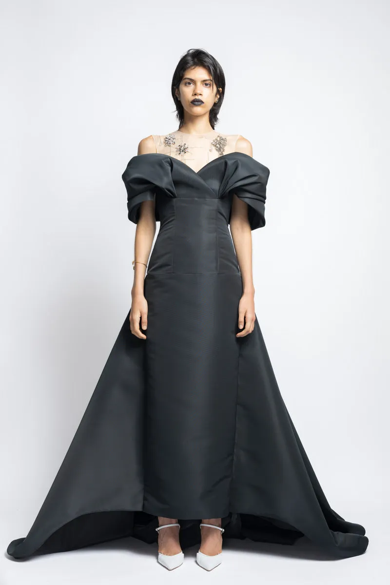 Faille Gown With Column Train Skirt And Starburst Crystal Embroidery With Petal Drape