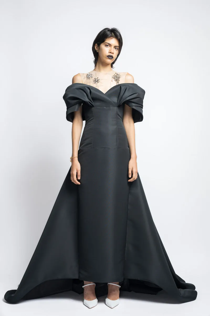 Faille Gown With Column Train Skirt And Starburst Crystal Embroidery With Petal Drape