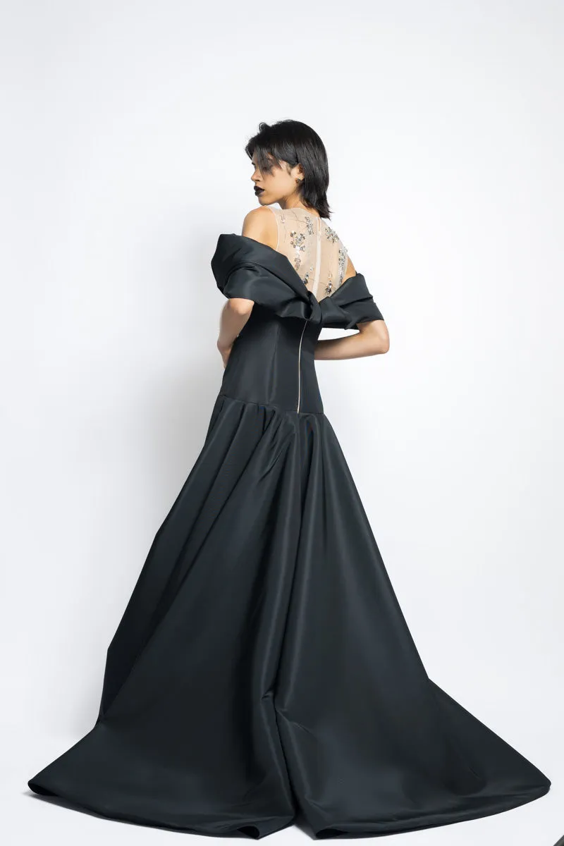 Faille Gown With Column Train Skirt And Starburst Crystal Embroidery With Petal Drape