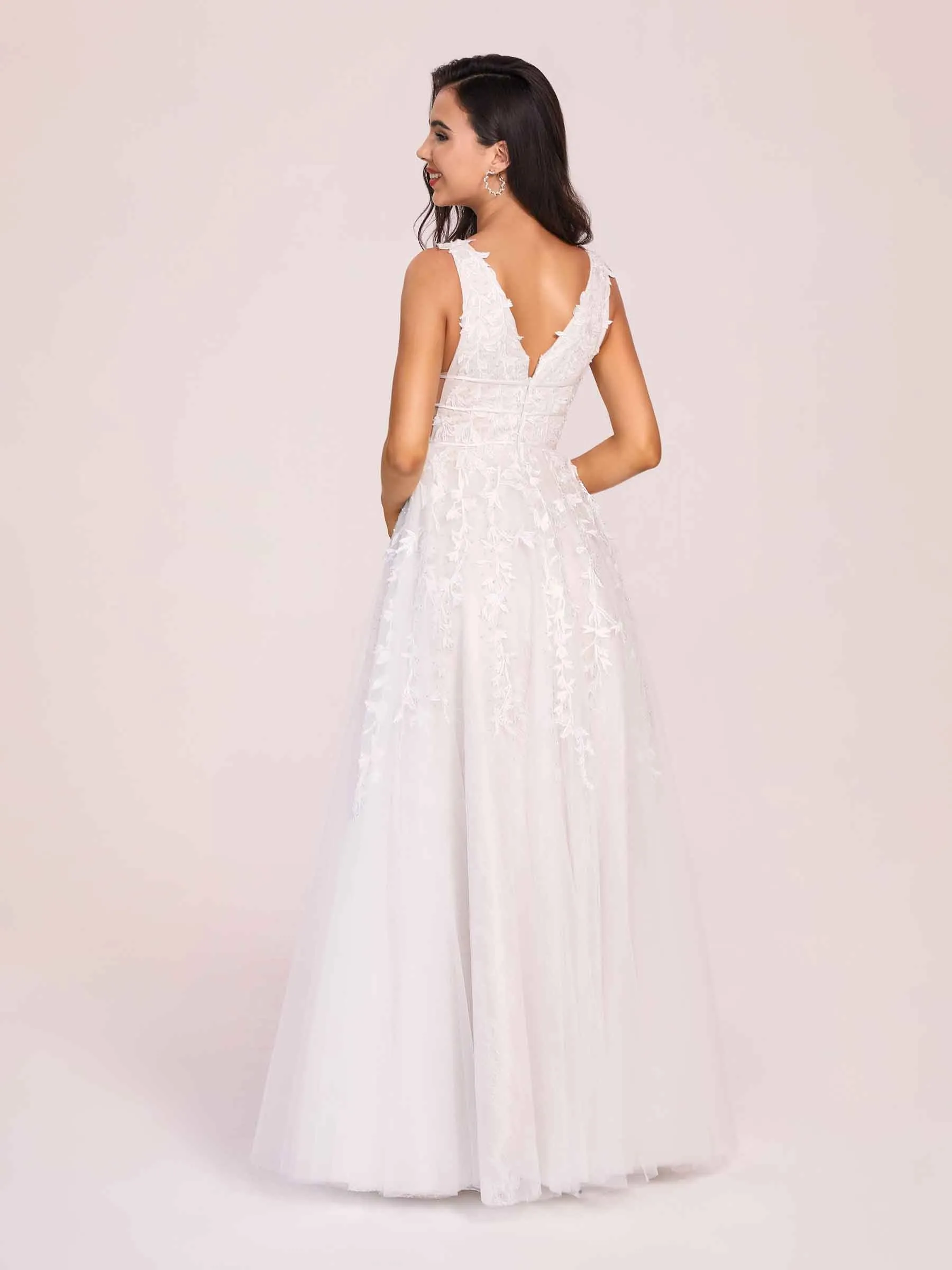 Fancy V-neck A-line Zipper Back Lace Floor Length Wedding Dress