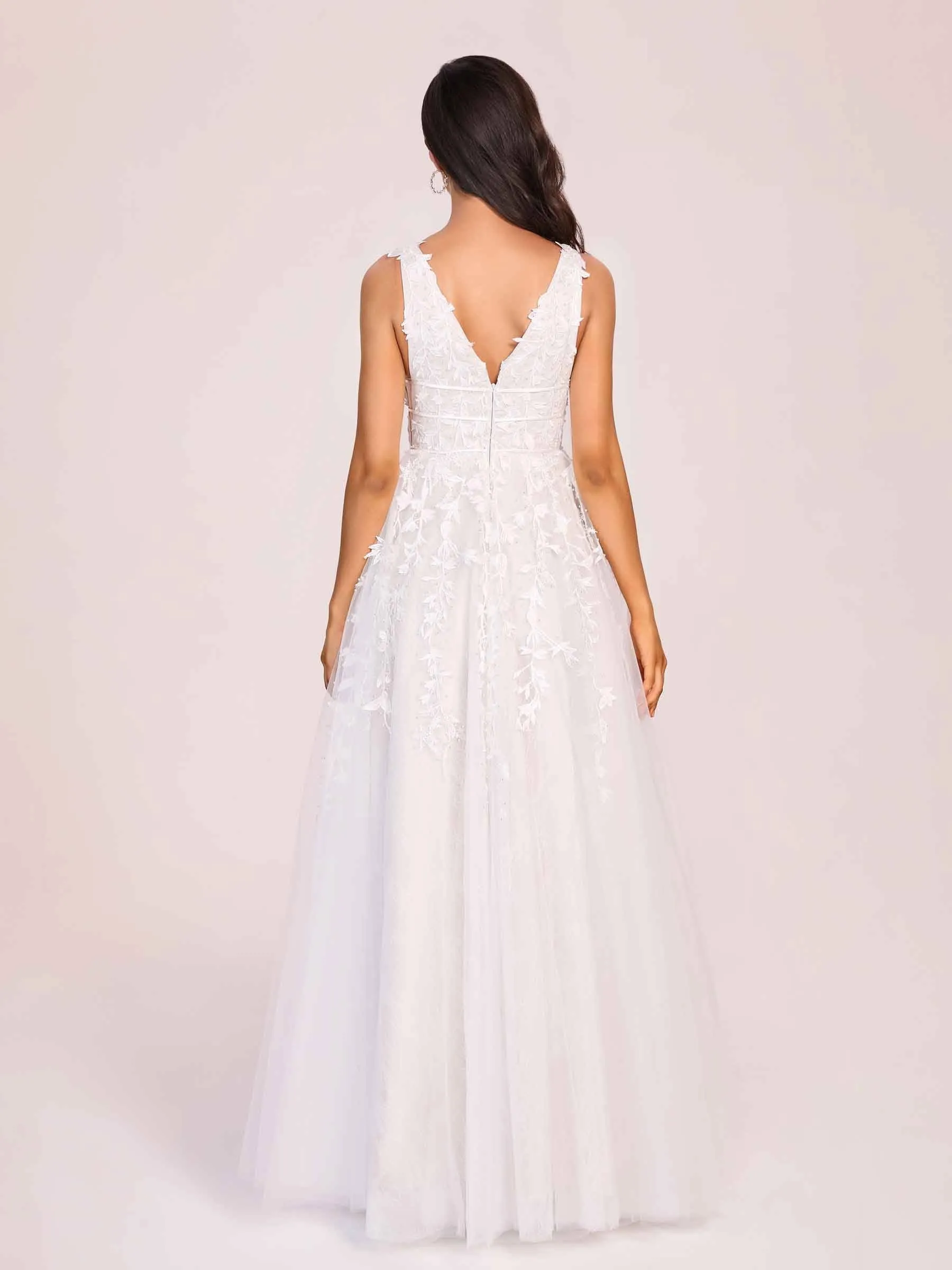 Fancy V-neck A-line Zipper Back Lace Floor Length Wedding Dress