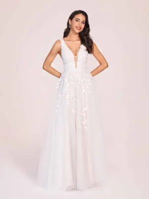 Fancy V-neck A-line Zipper Back Lace Floor Length Wedding Dress