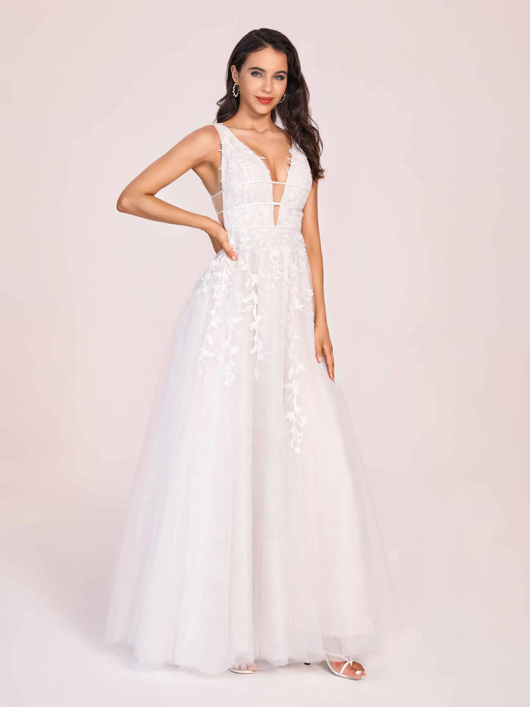 Fancy V-neck A-line Zipper Back Lace Floor Length Wedding Dress