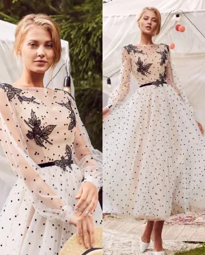 Fashion Dotted Tulle Prom Dress A-Line Ruched Long Sleeves 3D Butterfly Formal Evening Dress Floor Length Party Gowns