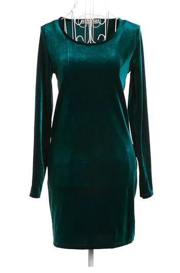 Fashion Pinup Velvet Ruched Formal Party Evening Bodycon Knee-Length O-Neck Full-Sleeve Empire Dress Maxi S-XXXL Size