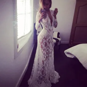 Fashion Summer Women Asymmetrical Patchwork Dress Hollow Out Long Sleeve V Neck Lace Maxi Dresses