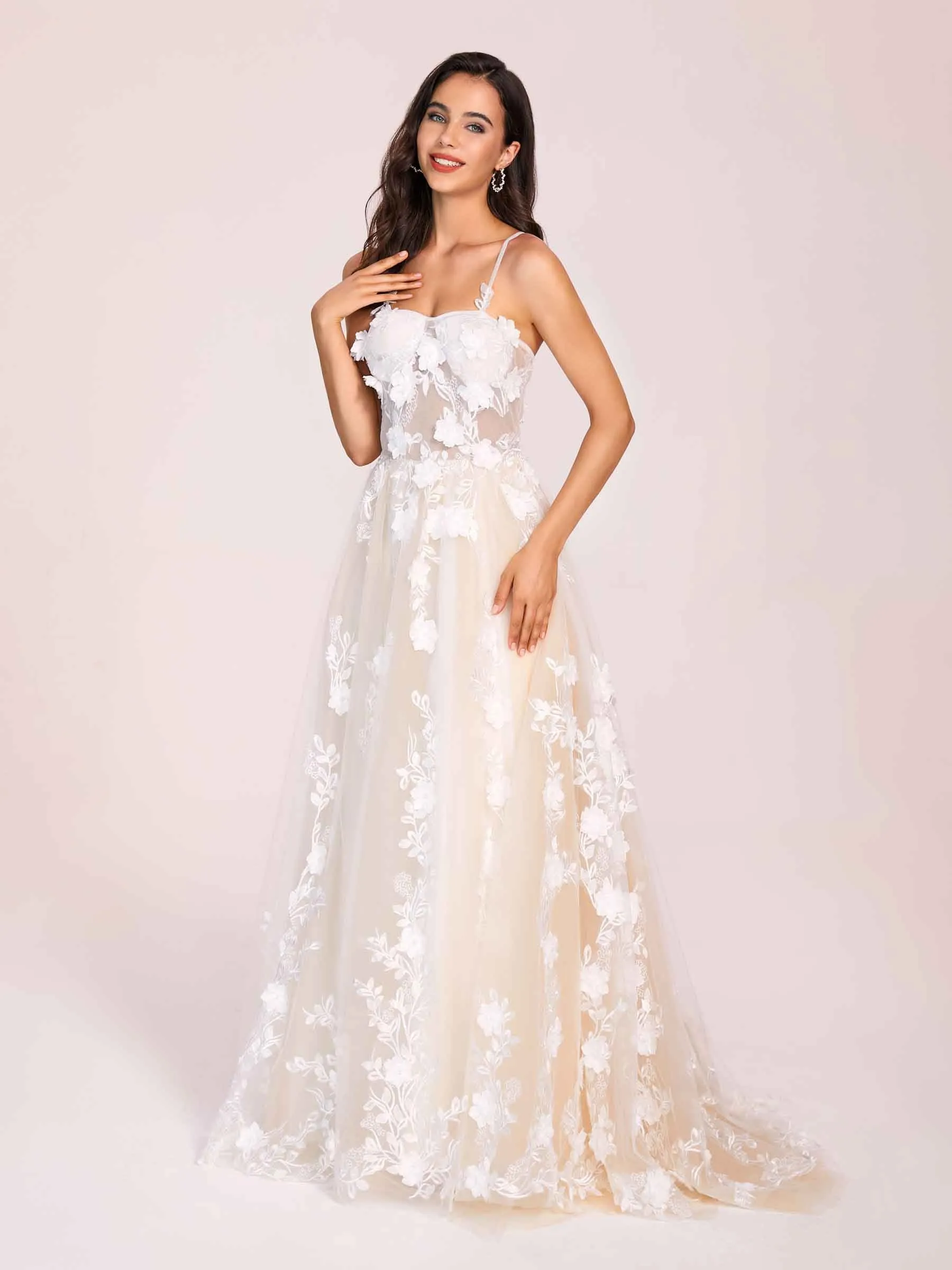 Fashion Sweetheart A-line Zipper Back Spaghetti Strap Lace Floor Length Wedding Dress