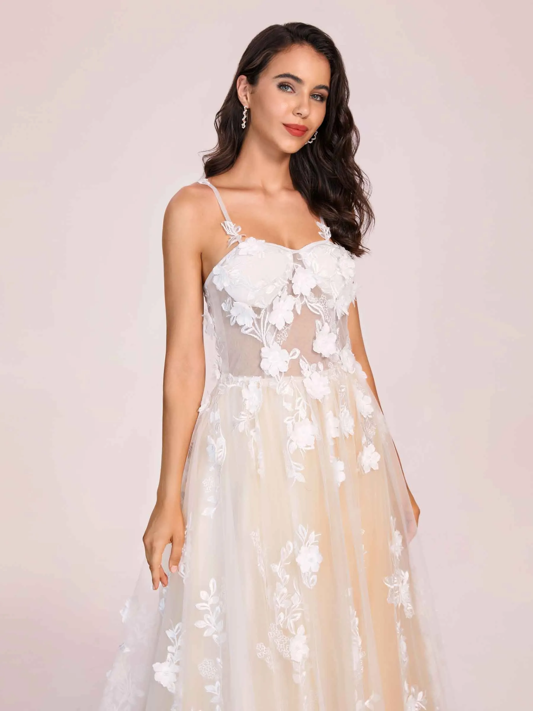 Fashion Sweetheart A-line Zipper Back Spaghetti Strap Lace Floor Length Wedding Dress
