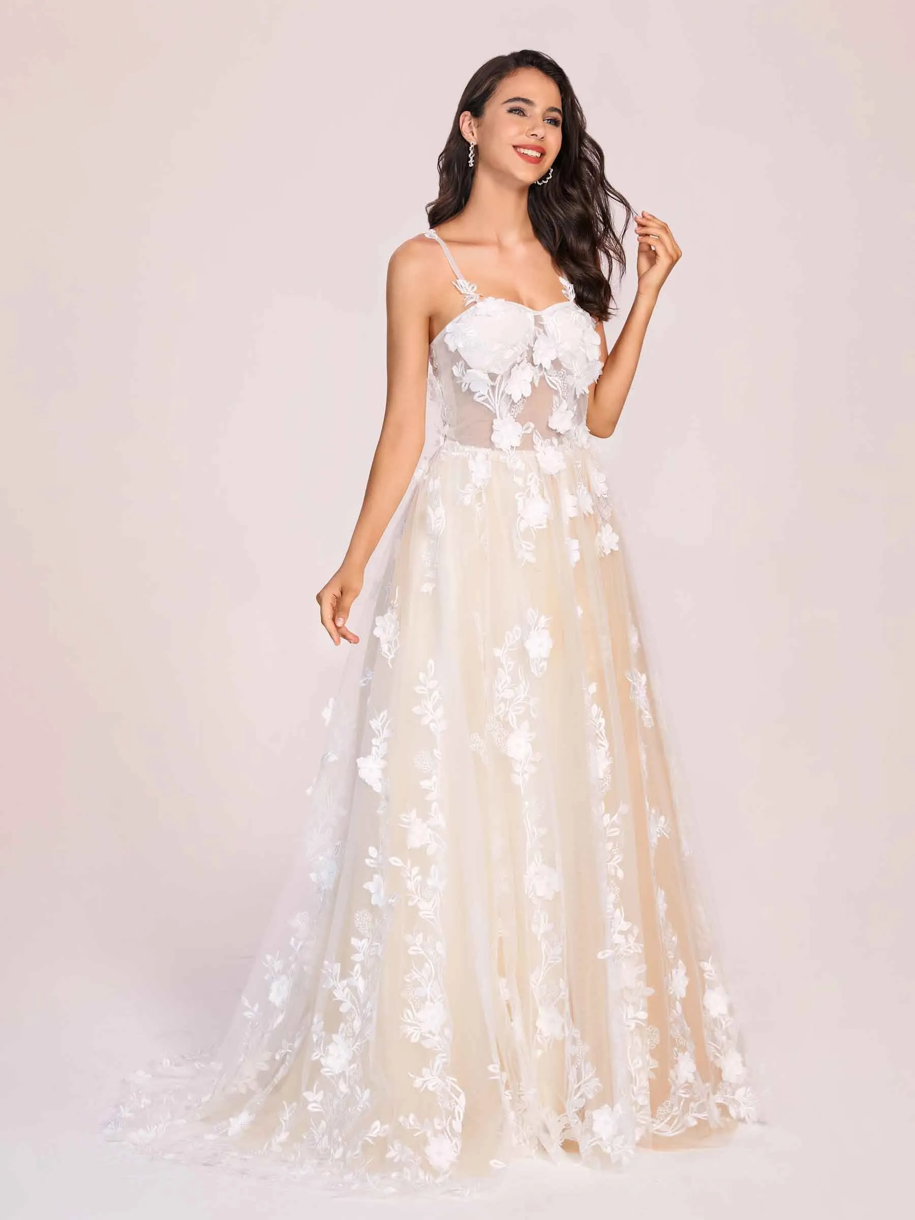 Fashion Sweetheart A-line Zipper Back Spaghetti Strap Lace Floor Length Wedding Dress