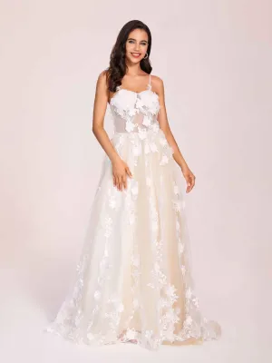 Fashion Sweetheart A-line Zipper Back Spaghetti Strap Lace Floor Length Wedding Dress