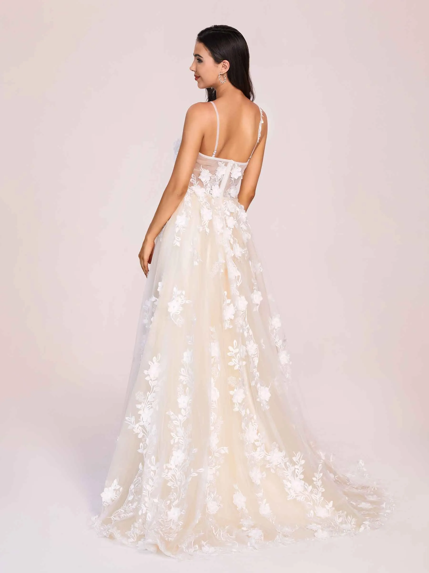 Fashion Sweetheart A-line Zipper Back Spaghetti Strap Lace Floor Length Wedding Dress