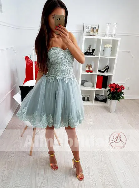 Fashion Tiffany Blue Lace Sweetheart Strapless Lace Up Back Homecoming Dresses, HD0007