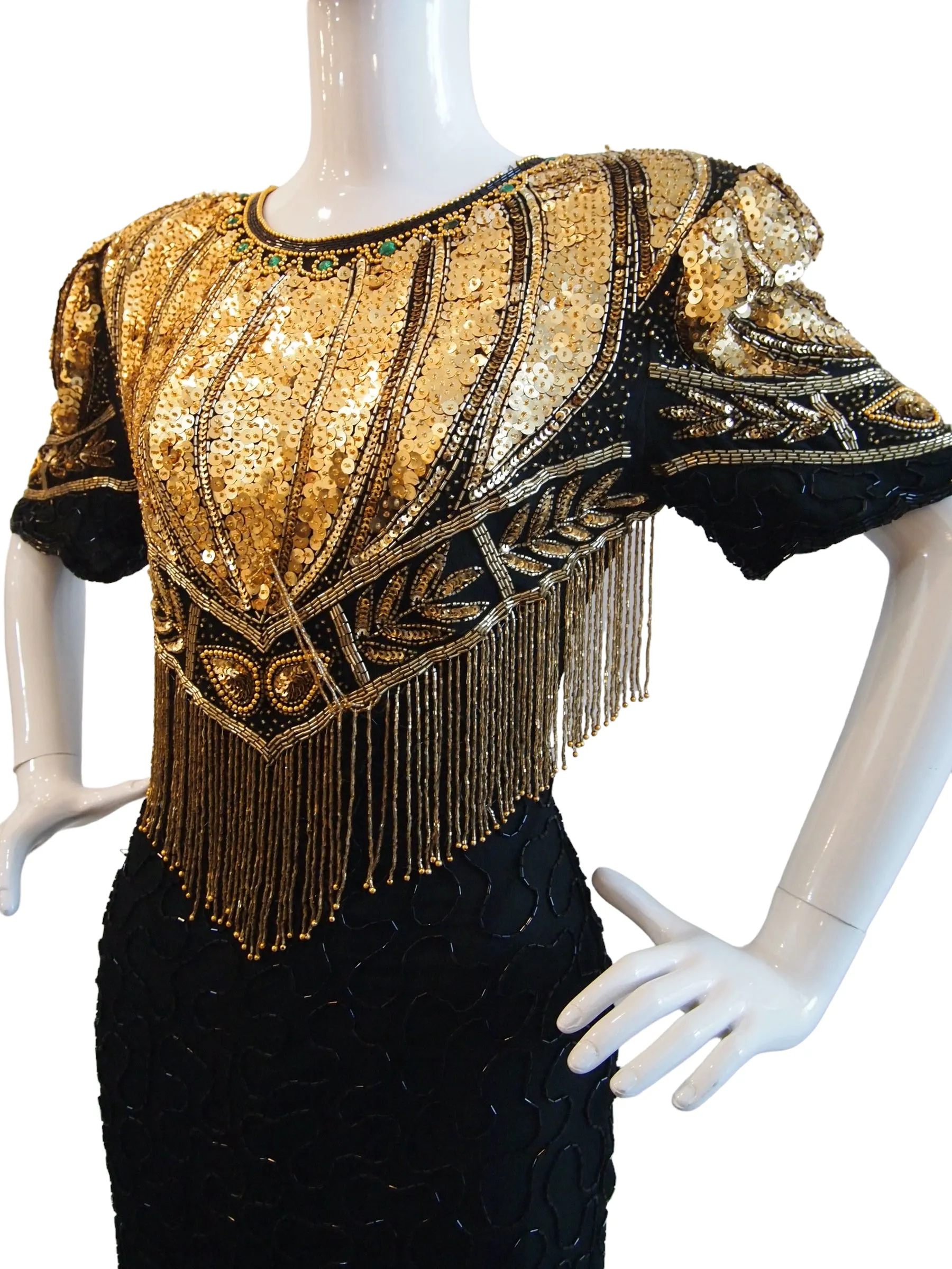 Feisty Flapper Black Gold Fully Beaded Sequinned Cocktail Evening Dress