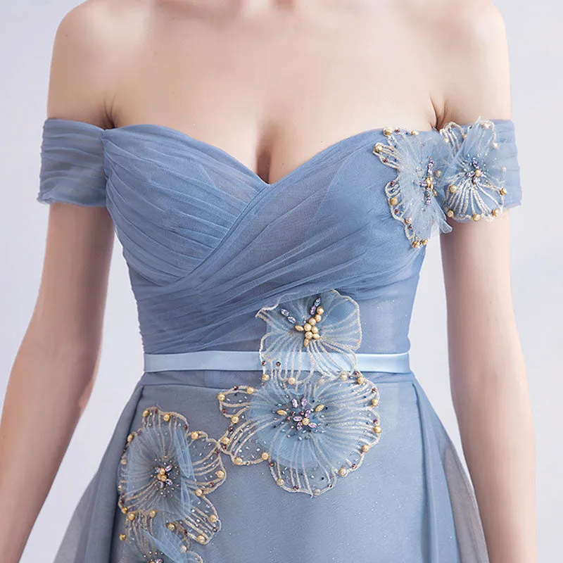 [Final Sale] Off The Shoulder Tulle Applique Formal Dress With Front Slit