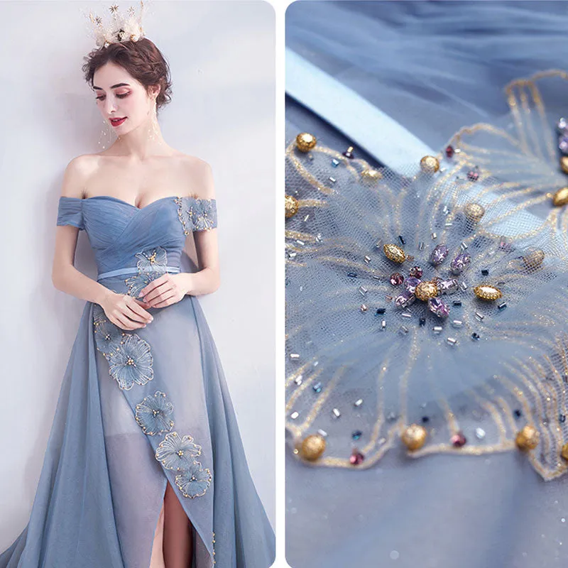 [Final Sale] Off The Shoulder Tulle Applique Formal Dress With Front Slit