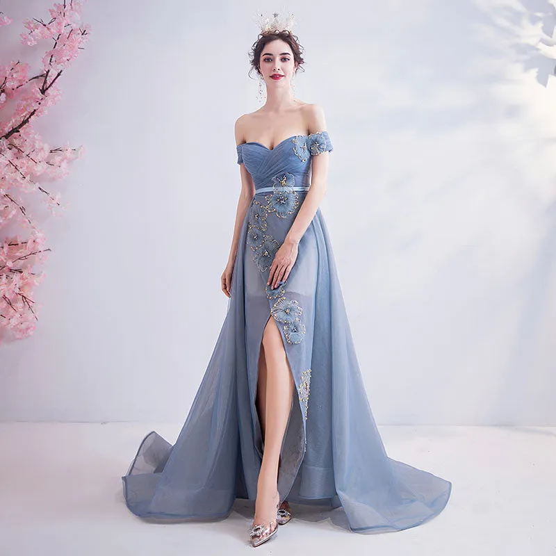 [Final Sale] Off The Shoulder Tulle Applique Formal Dress With Front Slit