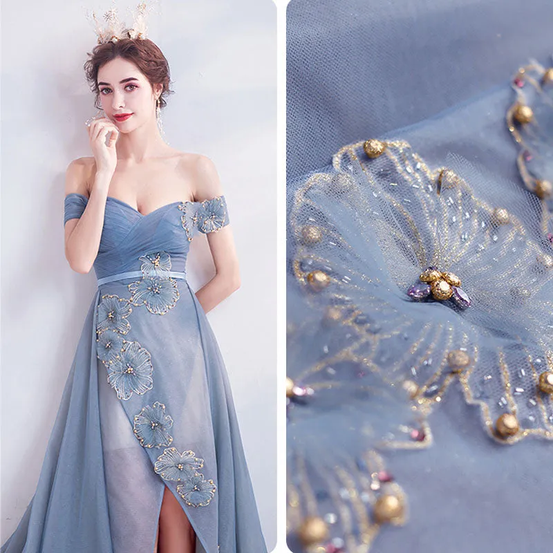 [Final Sale] Off The Shoulder Tulle Applique Formal Dress With Front Slit