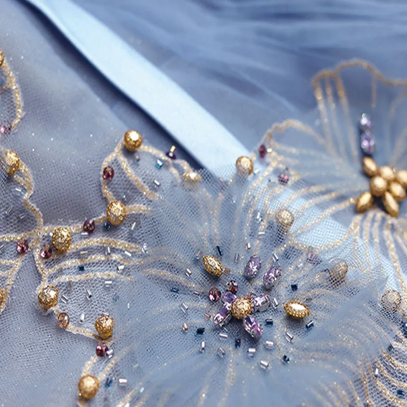 [Final Sale] Off The Shoulder Tulle Applique Formal Dress With Front Slit