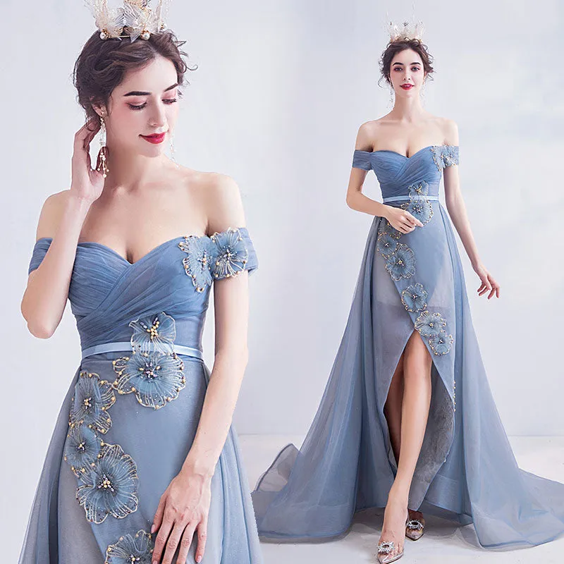 [Final Sale] Off The Shoulder Tulle Applique Formal Dress With Front Slit