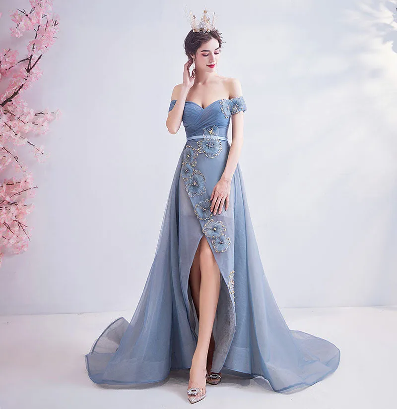 [Final Sale] Off The Shoulder Tulle Applique Formal Dress With Front Slit