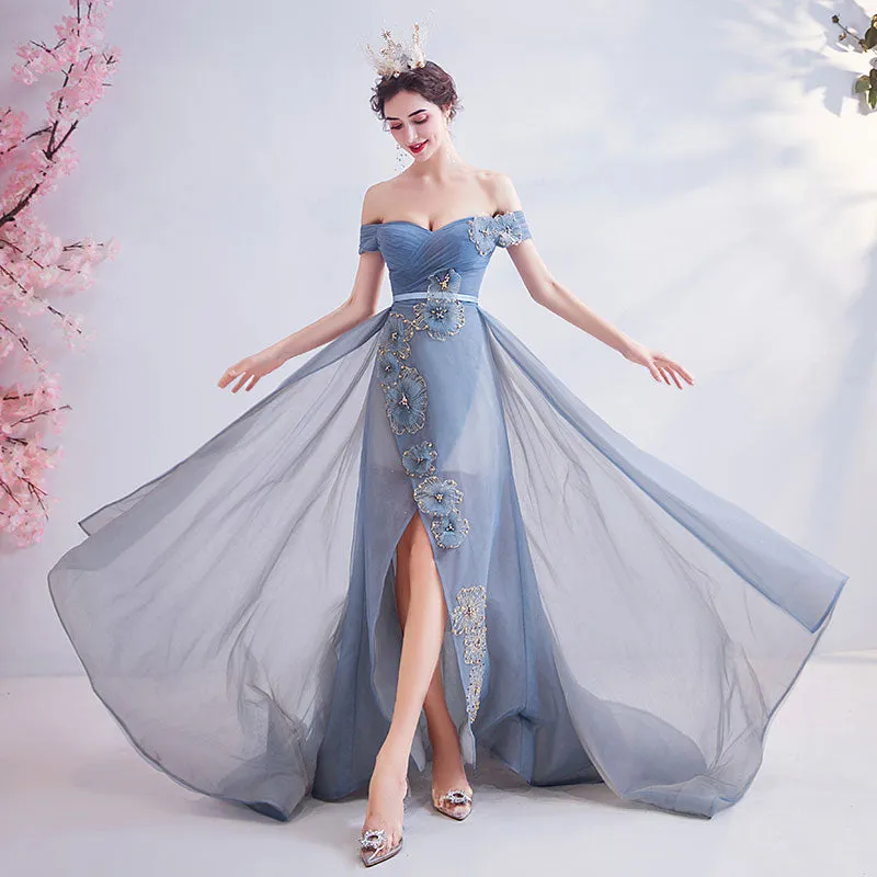 [Final Sale] Off The Shoulder Tulle Applique Formal Dress With Front Slit