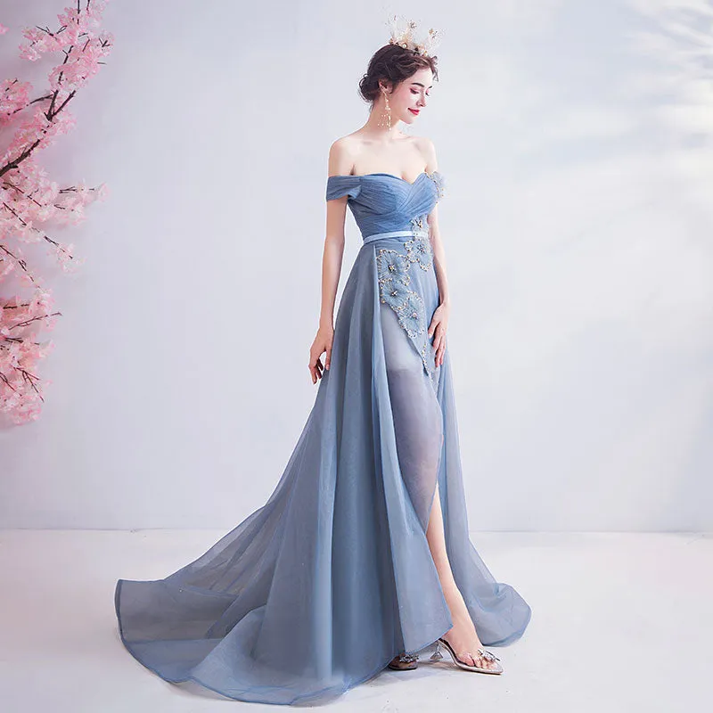 [Final Sale] Off The Shoulder Tulle Applique Formal Dress With Front Slit