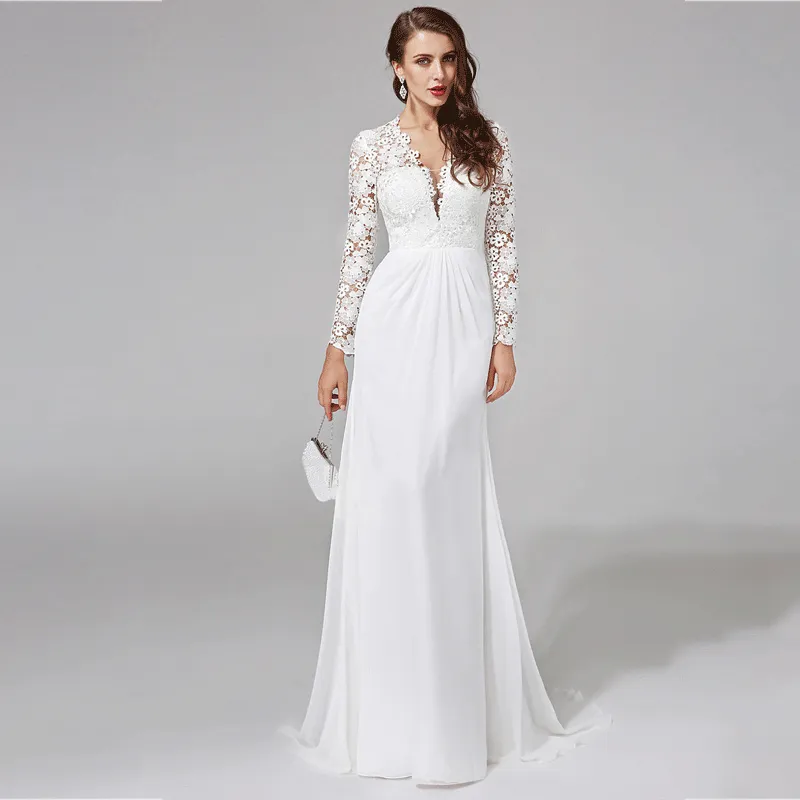 [Final Sale] US10 White Lace Long Sleeves V-neck Bridal Dress