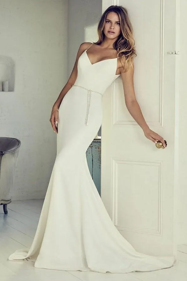 Fine Satin Mermaid Wedding Gown with Spaghetti Straps