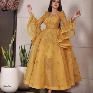 flare sleeve gold prom dresses 2021 vestido de graduacion lace appliqué beaded elegant v neck prom gowns
