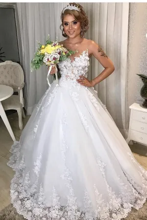 Floral Lace 2020 Wedding Dresses with Illusion Neckline