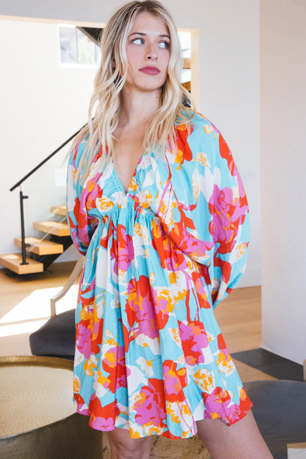 Floral Print Empire Waist Mini Dress with Puff Sleeves