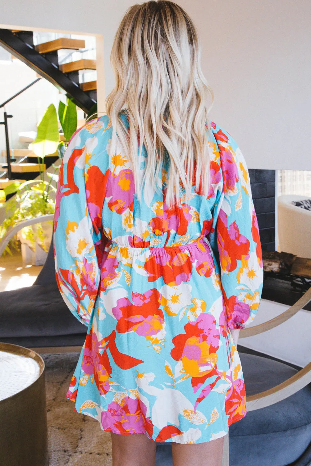 Floral Print Empire Waist Mini Dress with Puff Sleeves