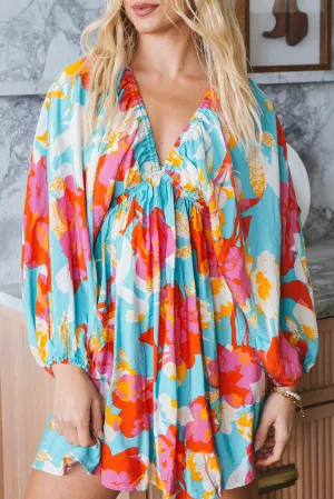 Floral Print Empire Waist Mini Dress with Puff Sleeves