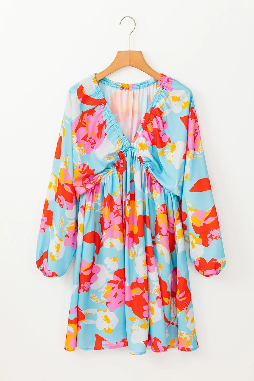 Floral Print Empire Waist Mini Dress with Puff Sleeves