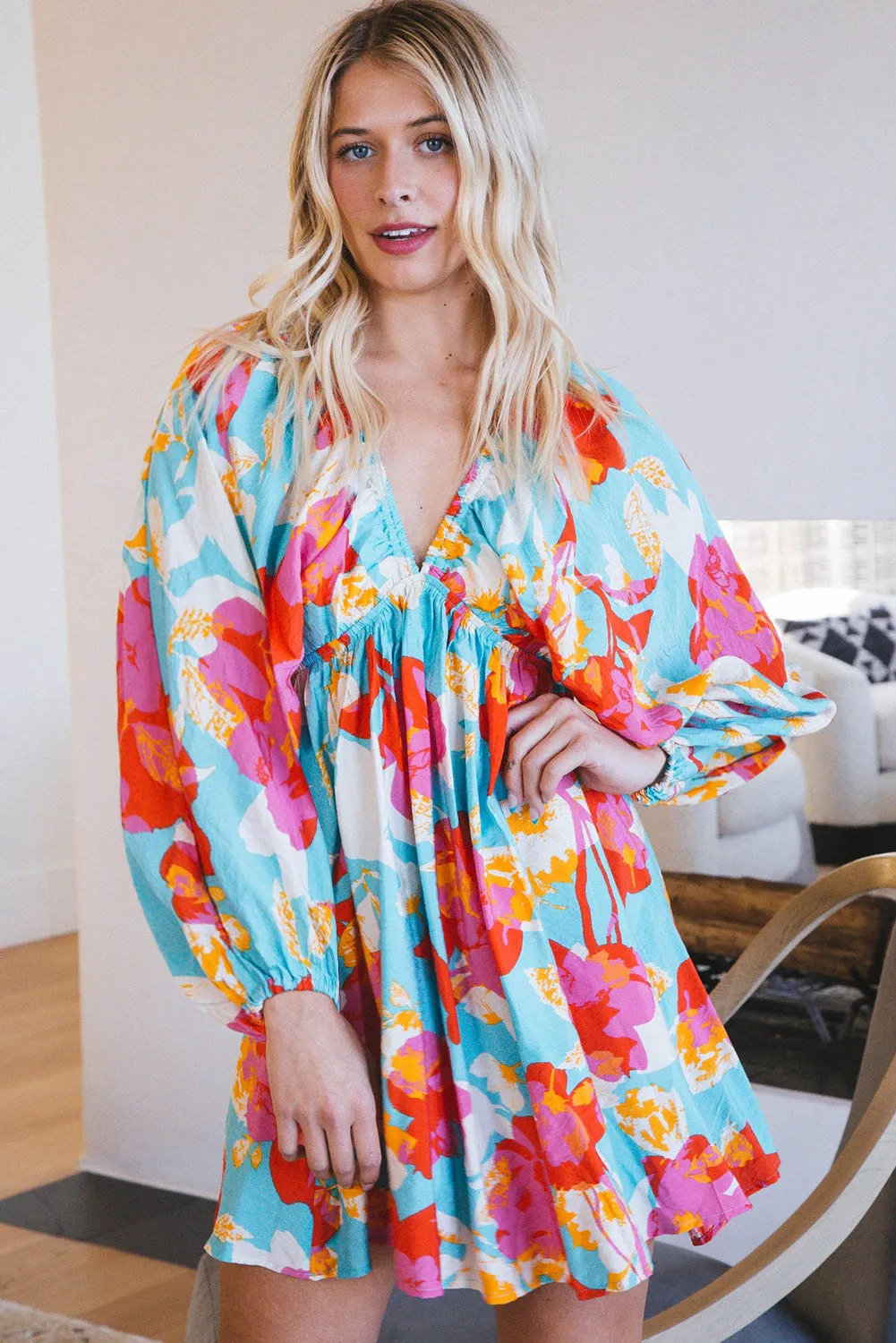 Floral Print Empire Waist Mini Dress with Puff Sleeves