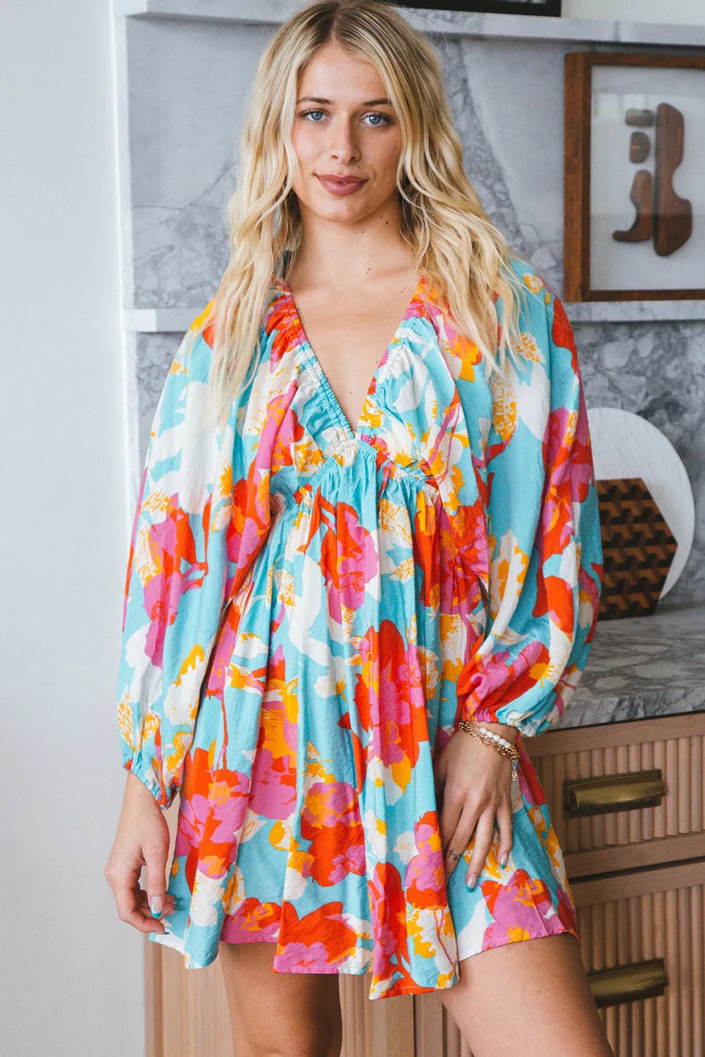 Floral Print Empire Waist Mini Dress with Puff Sleeves