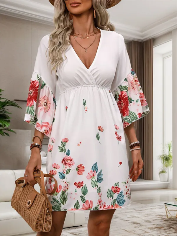Floral Print V-Neck Dress with Three-Quarter Sleeves