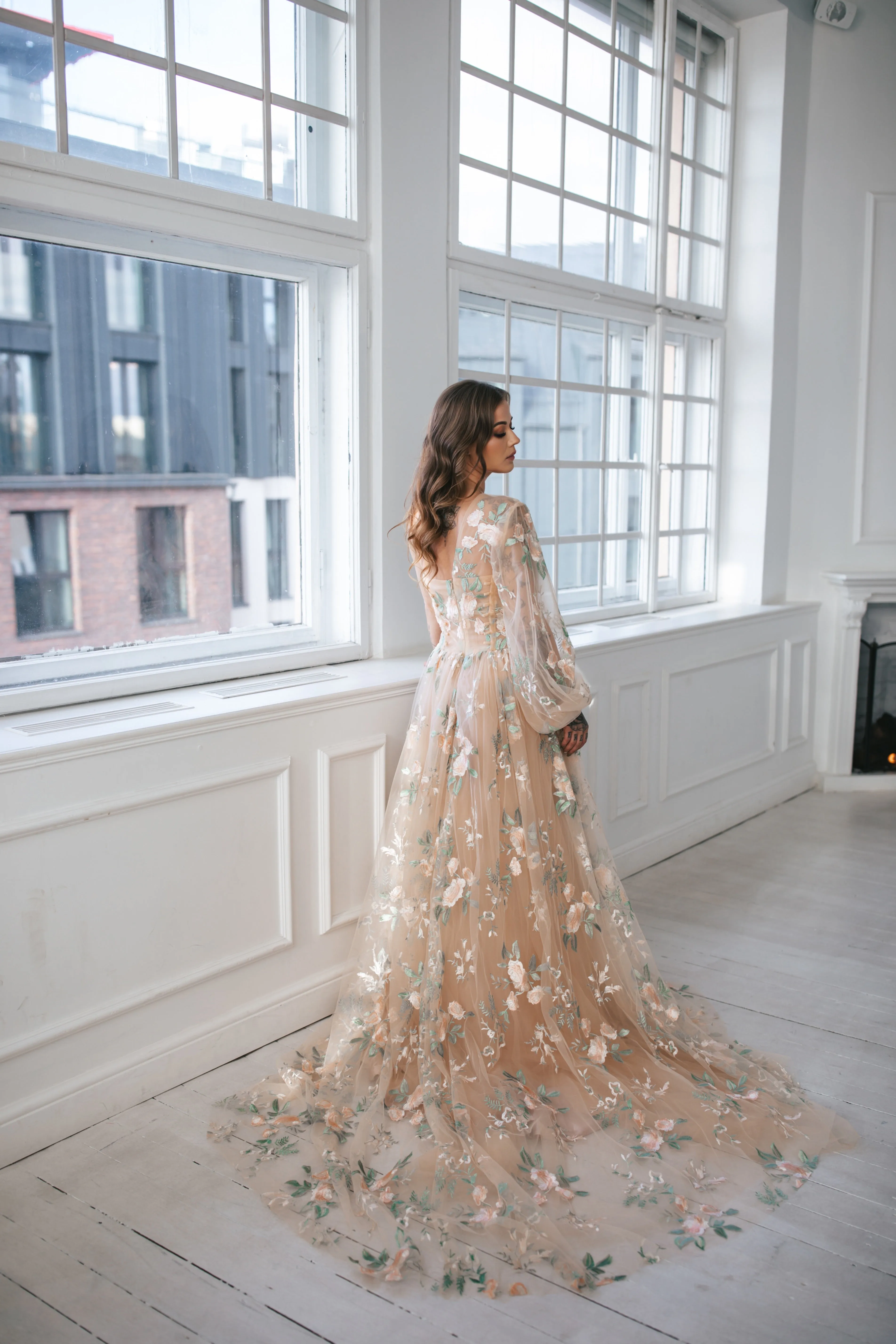 Floral Tulle Gown With One Sleeve