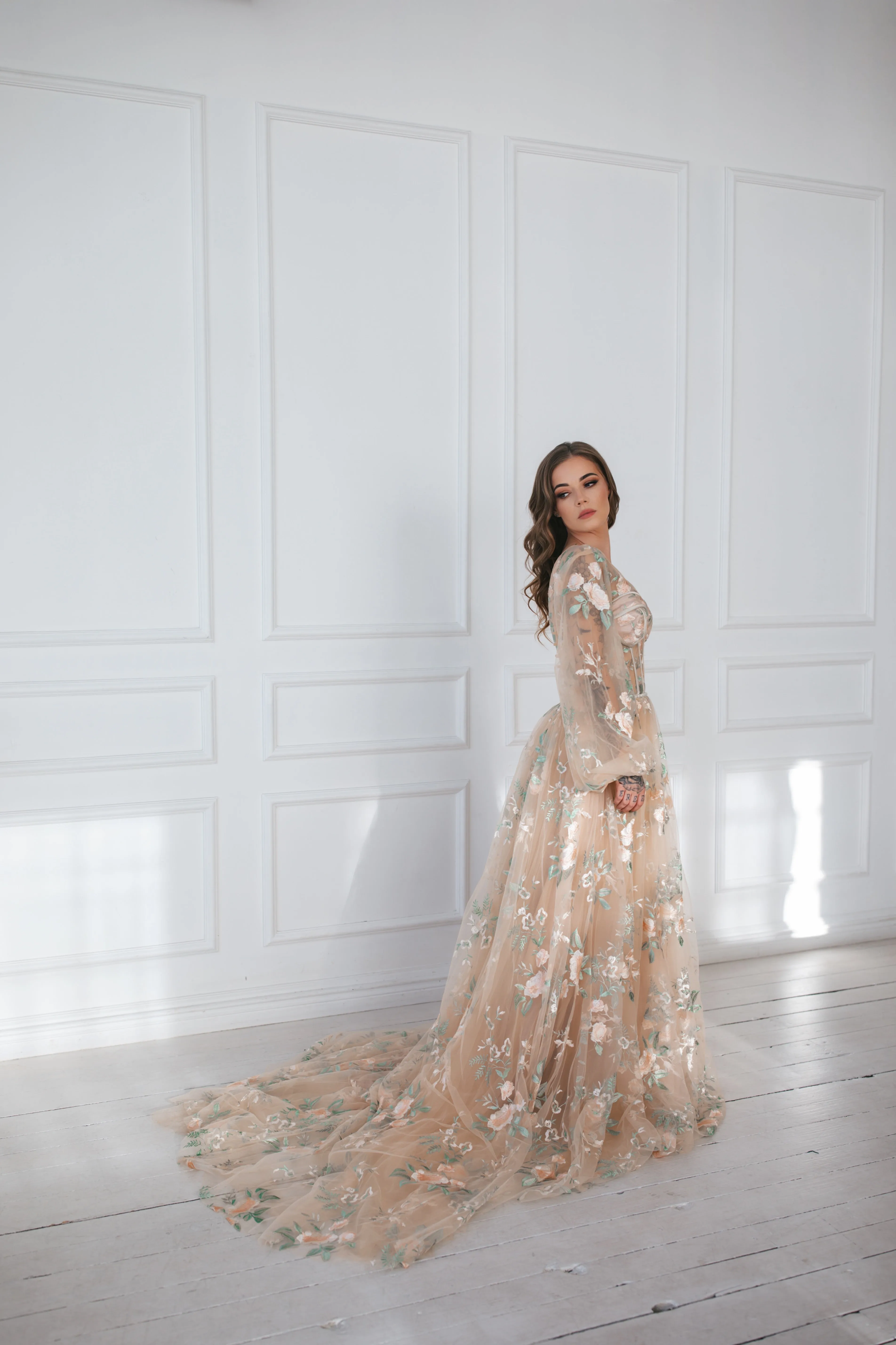 Floral Tulle Gown With One Sleeve