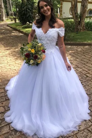 Flower Lace White Wedding Gowns with Off-the-shoulder