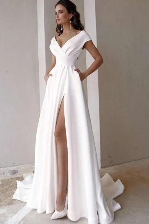 Flying Satin Wedding Dress with High Thigh Slit
