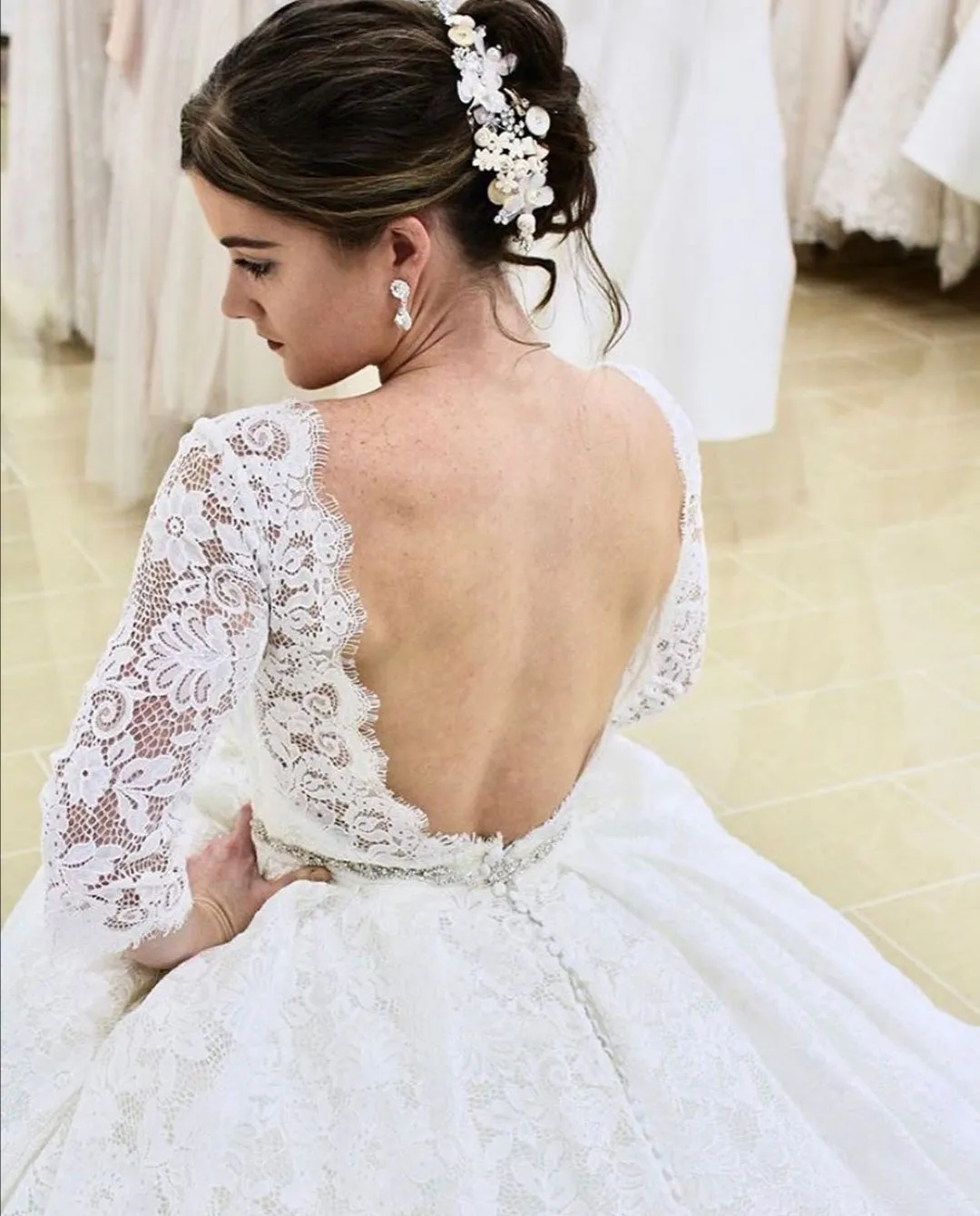 Full Lace Elbow-Sleeves Wedding Gown with Jewelry Belt