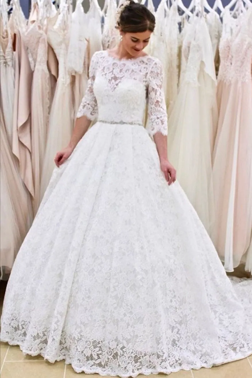 Full Lace Elbow-Sleeves Wedding Gown with Jewelry Belt