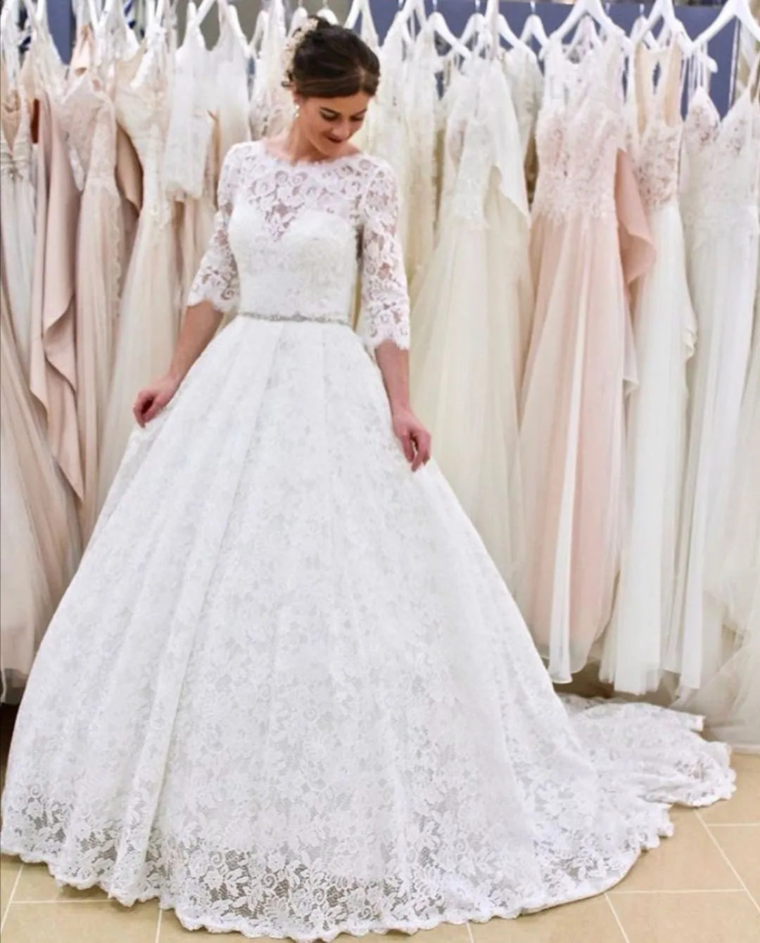 Full Lace Elbow-Sleeves Wedding Gown with Jewelry Belt