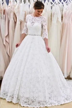 Full Lace Elbow-Sleeves Wedding Gown with Jewelry Belt