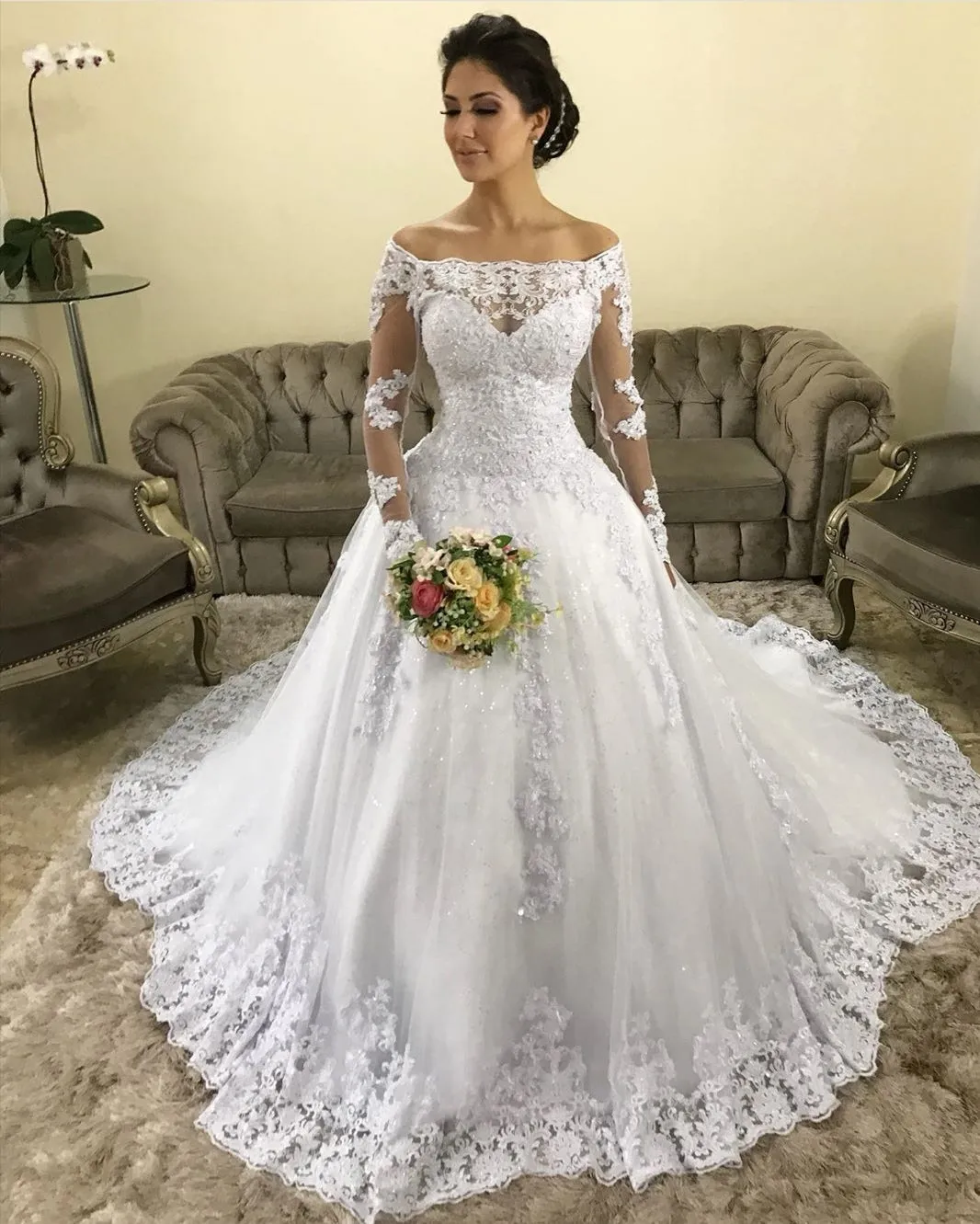 Full Sleeve Lace Dress for Bride Off-the-shoulder Neckline