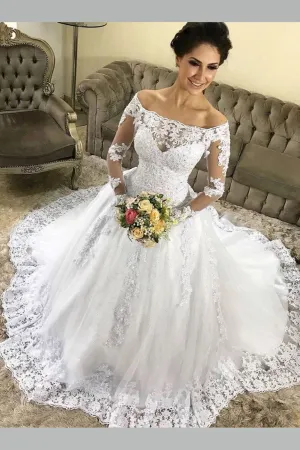 Full Sleeve Lace Dress for Bride Off-the-shoulder Neckline