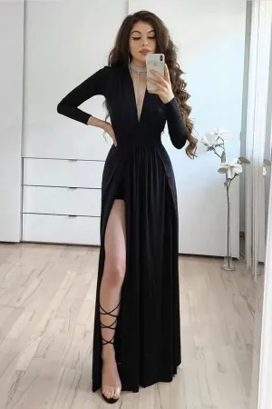 Full Sleeves Black Prom Gown with Deep V-neckline