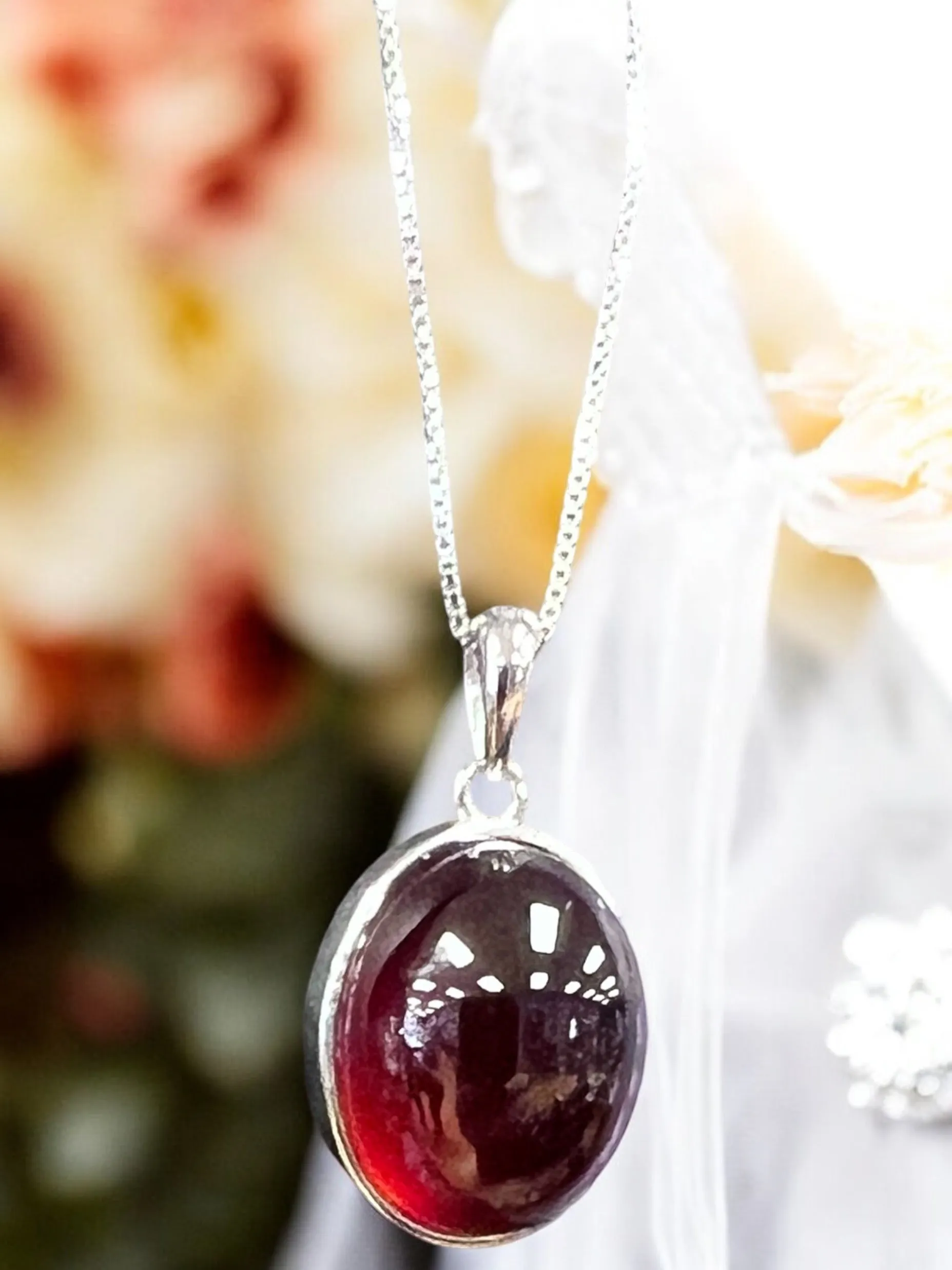 Garnet Red Crystal Necklace, 925 Silver Necklace, January Birthstone